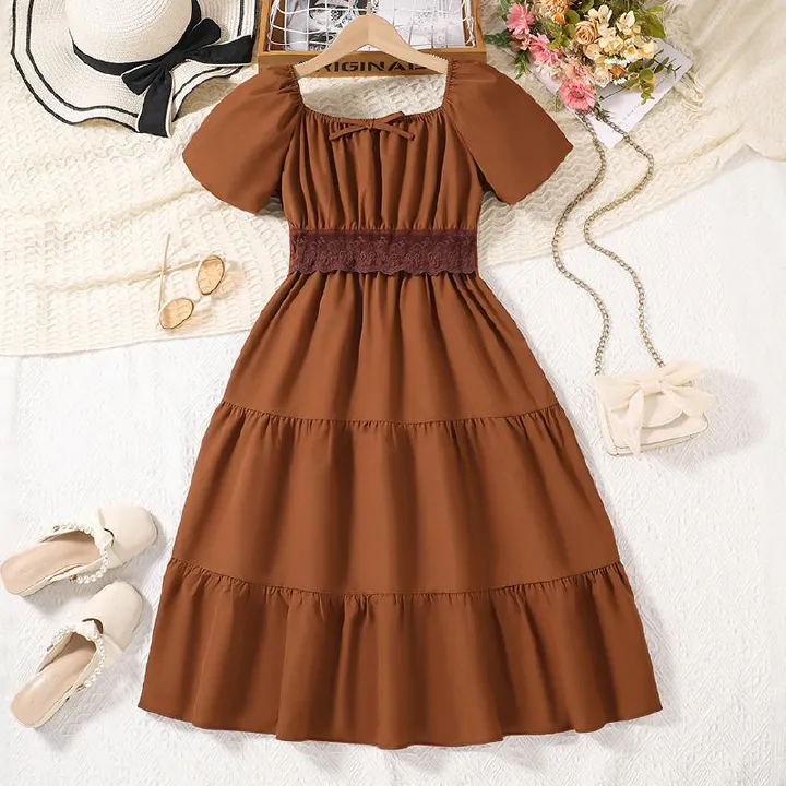 european Girls Dresses Ins New Summer Girls Dress For Children fashion teenager pure color dress