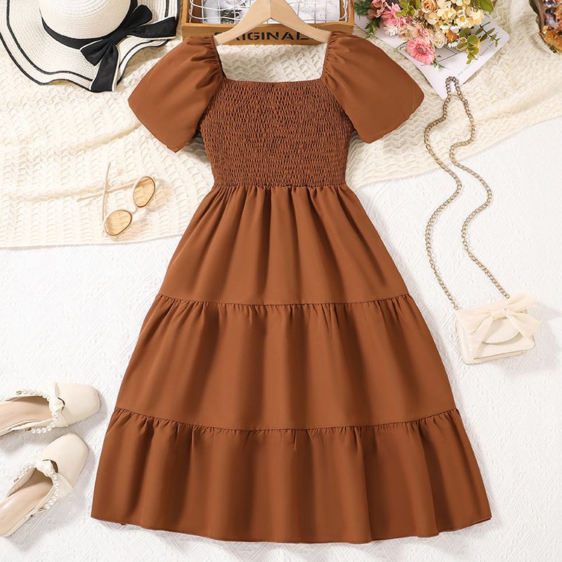 european Girls Dresses Ins New Summer Girls Dress For Children fashion teenager pure color dress