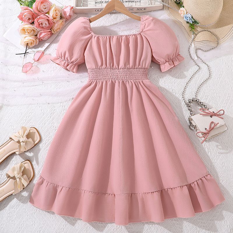 pink Teenager Girls Dresses Ins New Summer puff sleeve Girls Dress For Children fashion girl princess dress bow  Dress