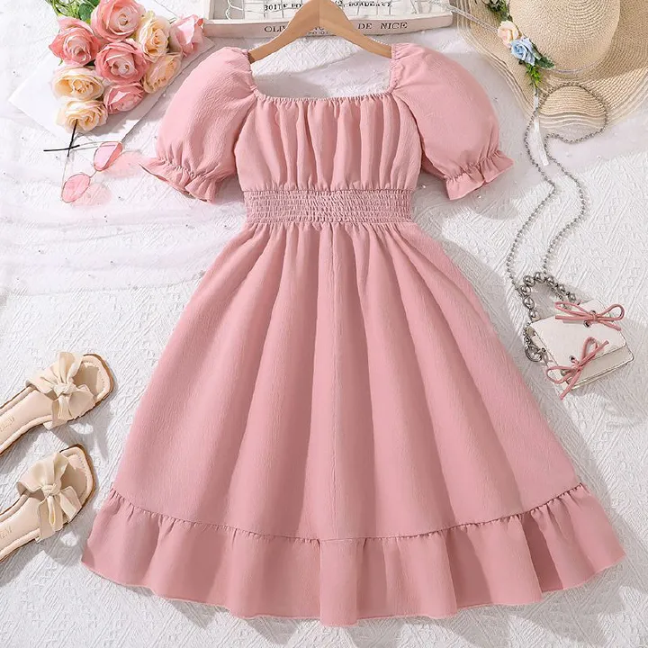 pink Teenager Girls Dresses Ins New Summer puff sleeve Girls Dress For Children fashion girl princess dress bow  Dress