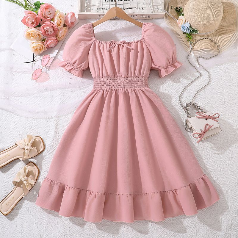 pink Teenager Girls Dresses Ins New Summer puff sleeve Girls Dress For Children fashion girl princess dress bow  Dress