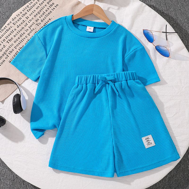 Summer New Fashion Kids' Casual Set Waffle Short Sleeve Top and Shorts Unisex Two-Piece Outfit Casual Wear Outfits Sweet Clothing Sets