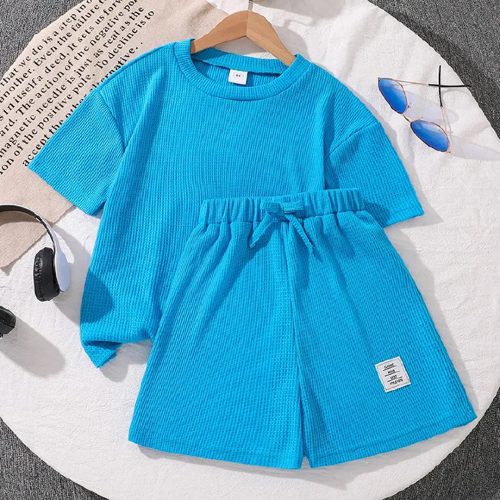 Summer New Fashion Kids' Casual Set Waffle Short Sleeve Top and Shorts Unisex Two-Piece Outfit Casual Wear Outfits Sweet Clothing Sets