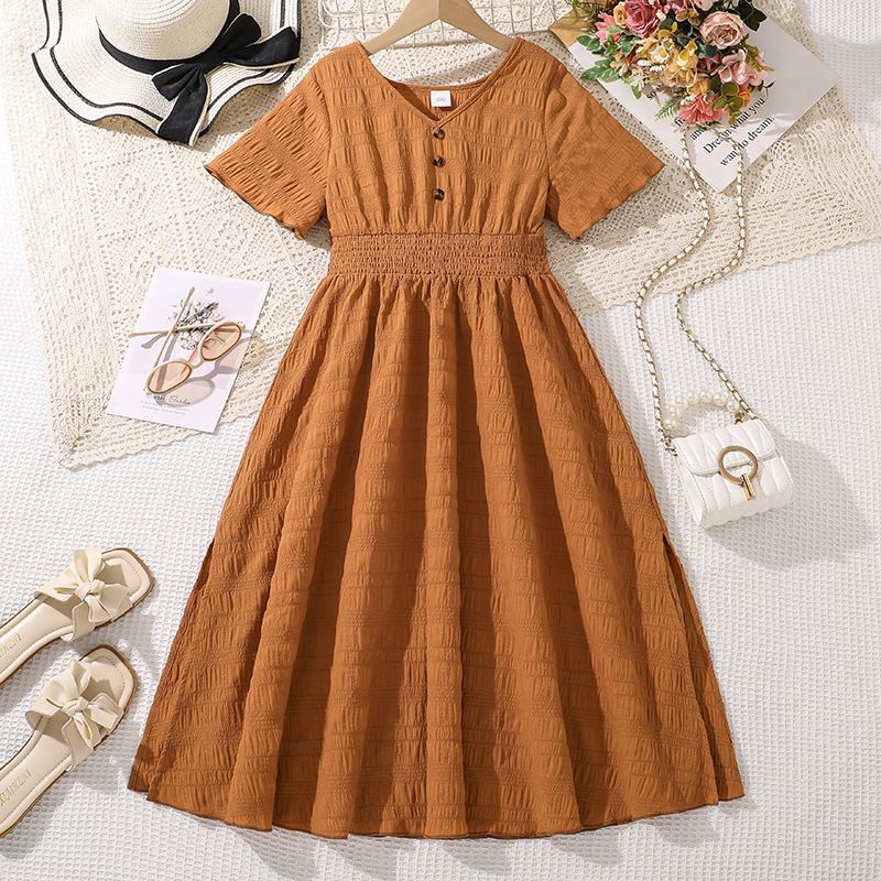 8-12Years summer Teenage Girls Dresses short sleeve girl ruffle dress solid color  Girls Clothing Dress