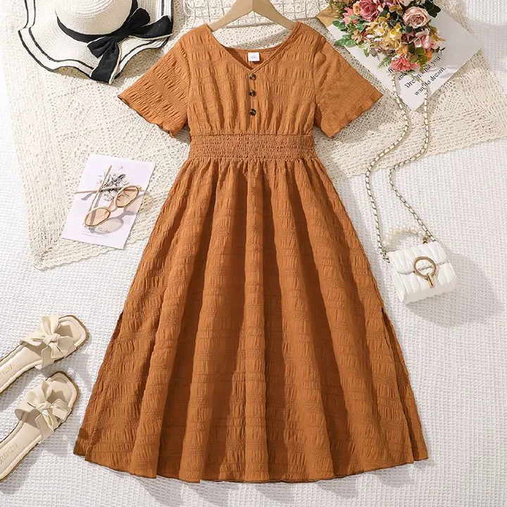 8-12Years summer Teenage Girls Dresses short sleeve girl ruffle dress solid color  Girls Clothing Dress