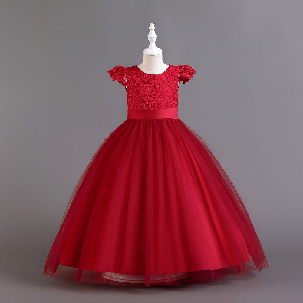Temperament Flying Sleeves Kids Girls Children's Dress Sweet Princess Solid Color Walk Show Performance Party Dress