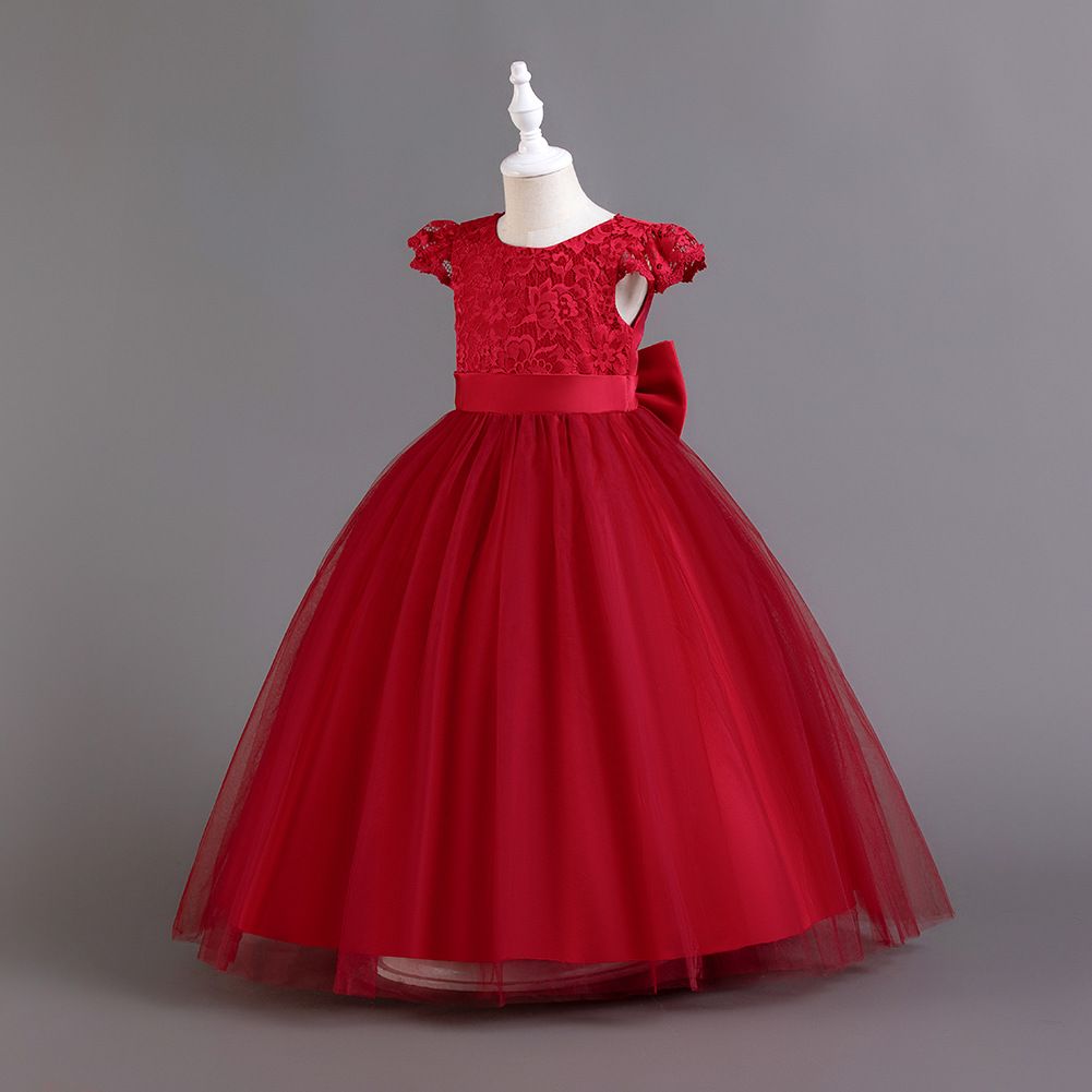 Temperament Flying Sleeves Kids Girls Children's Dress Sweet Princess Solid Color Walk Show Performance Party Dress