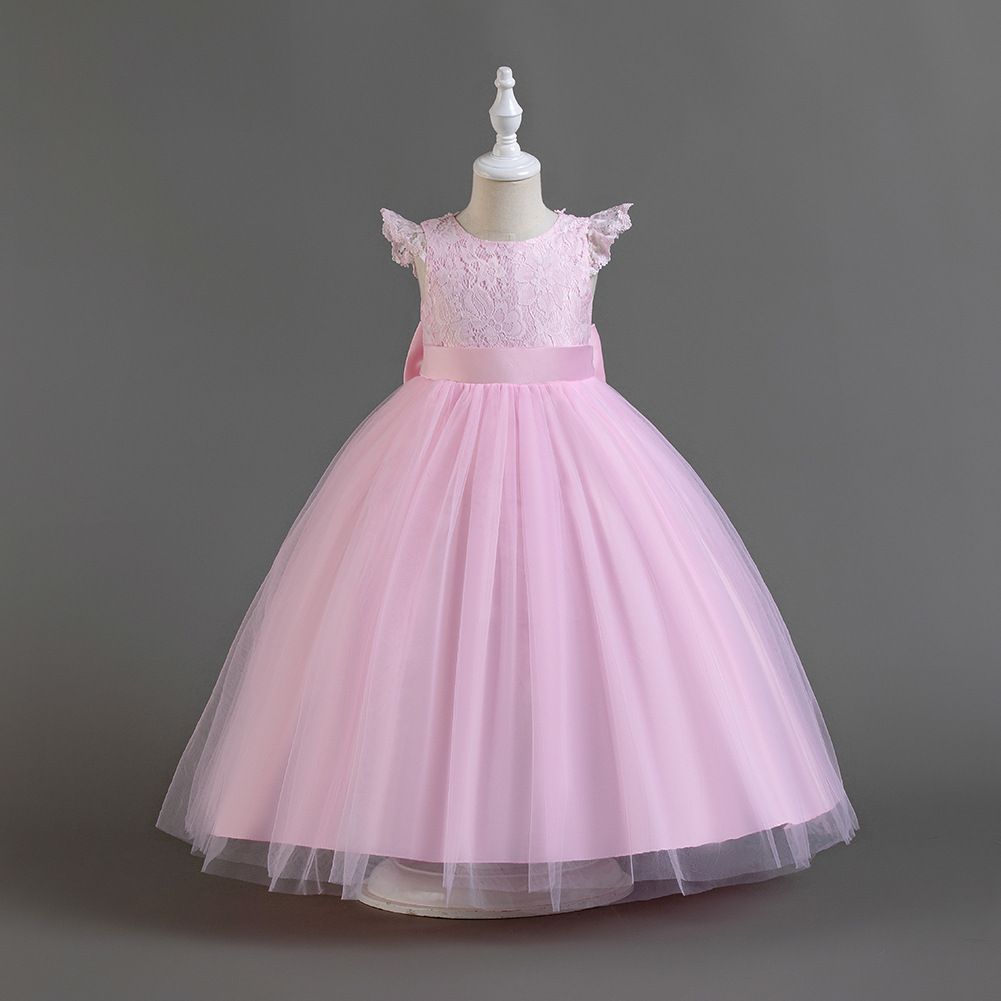 Temperament Flying Sleeves Kids Girls Children's Dress Sweet Princess Solid Color Walk Show Performance Party Dress