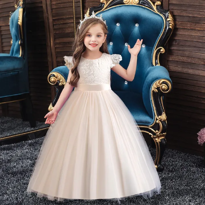 Temperament Flying Sleeves Kids Girls Children's Dress Sweet Princess Solid Color Walk Show Performance Party Dress