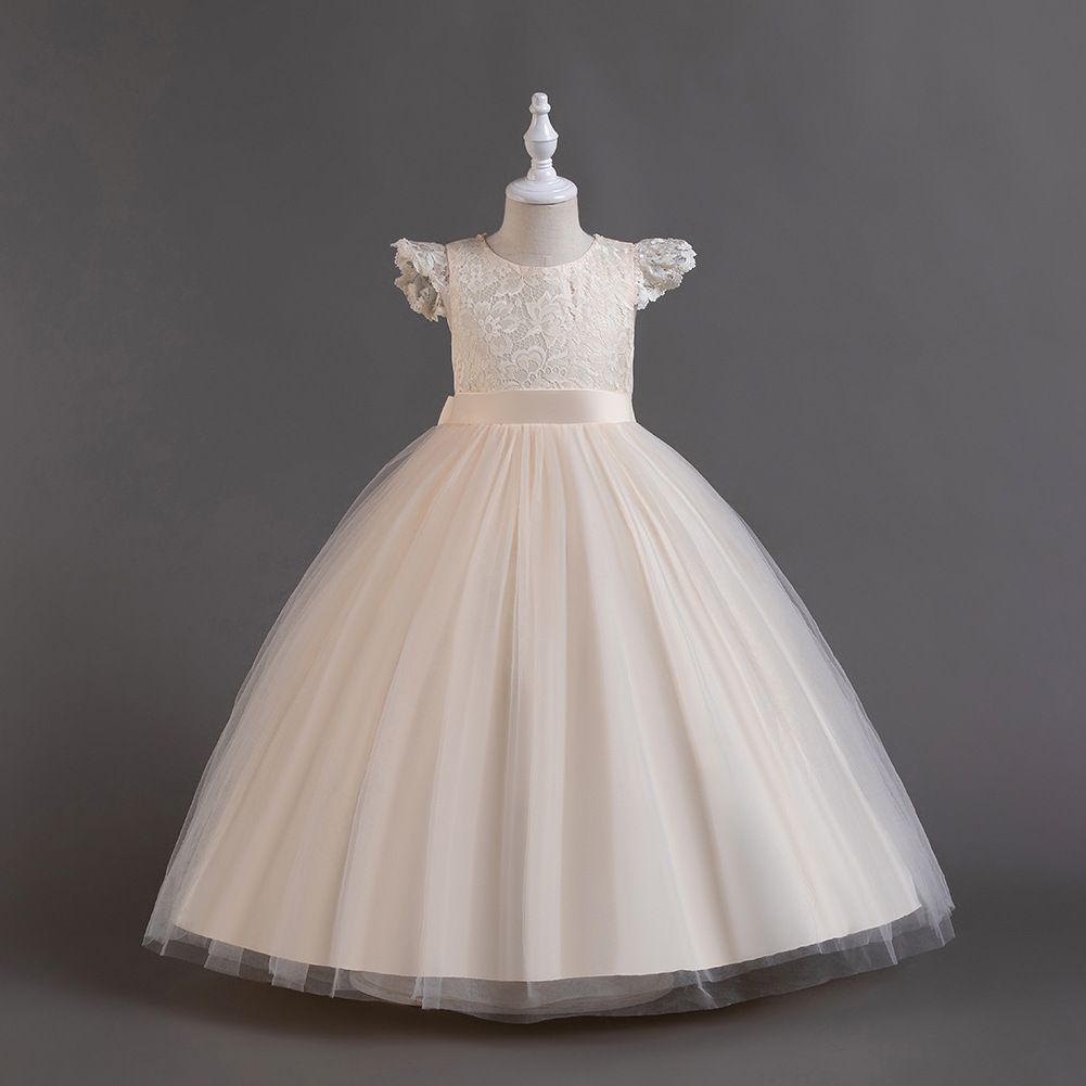 Temperament Flying Sleeves Kids Girls Children's Dress Sweet Princess Solid Color Walk Show Performance Party Dress
