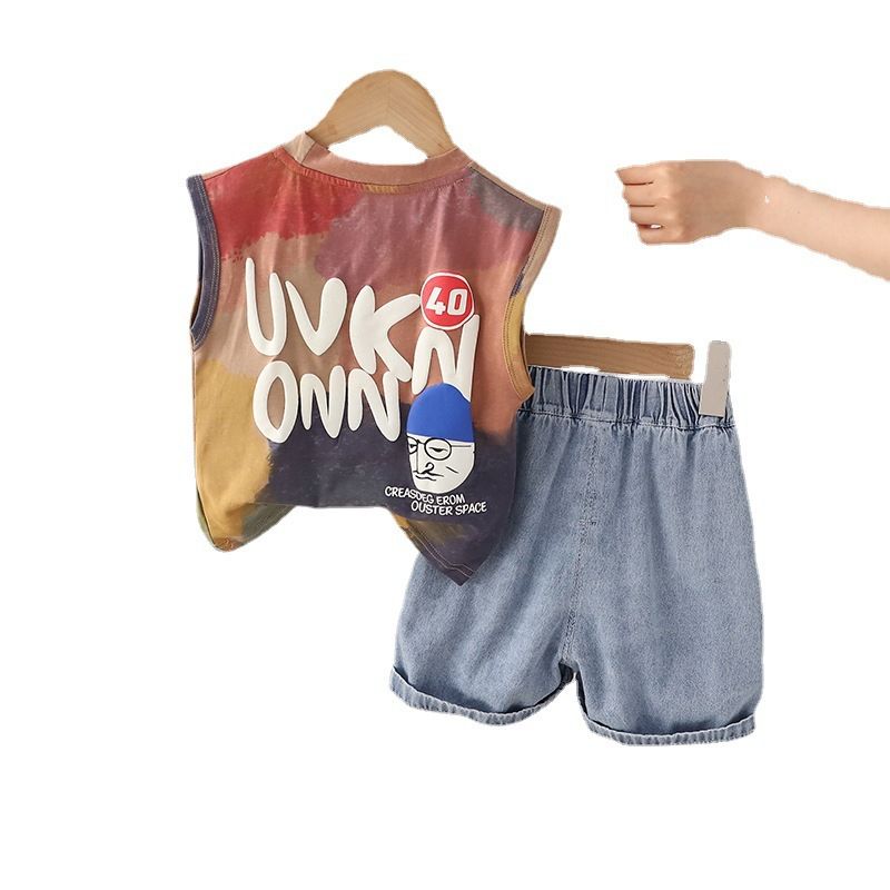 Fashion Children Tie Dye Tank Tshirt Garment Girls Boys Summer Clothes Suit Kids Wear Denim Shorts Toddler Clothing Set