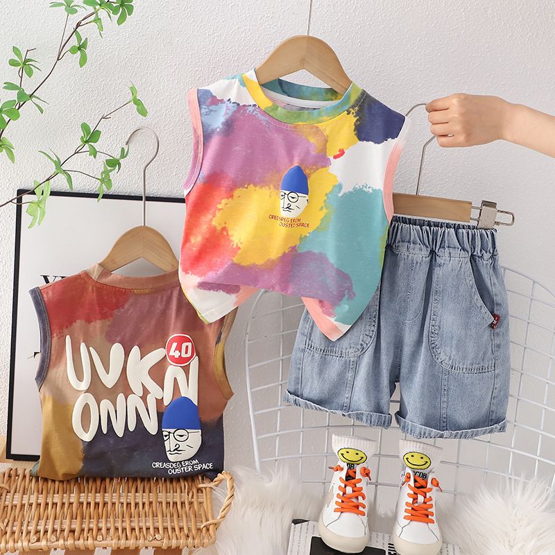 Fashion Children Tie Dye Tank Tshirt Garment Girls Boys Summer Clothes Suit Kids Wear Denim Shorts Toddler Clothing Set