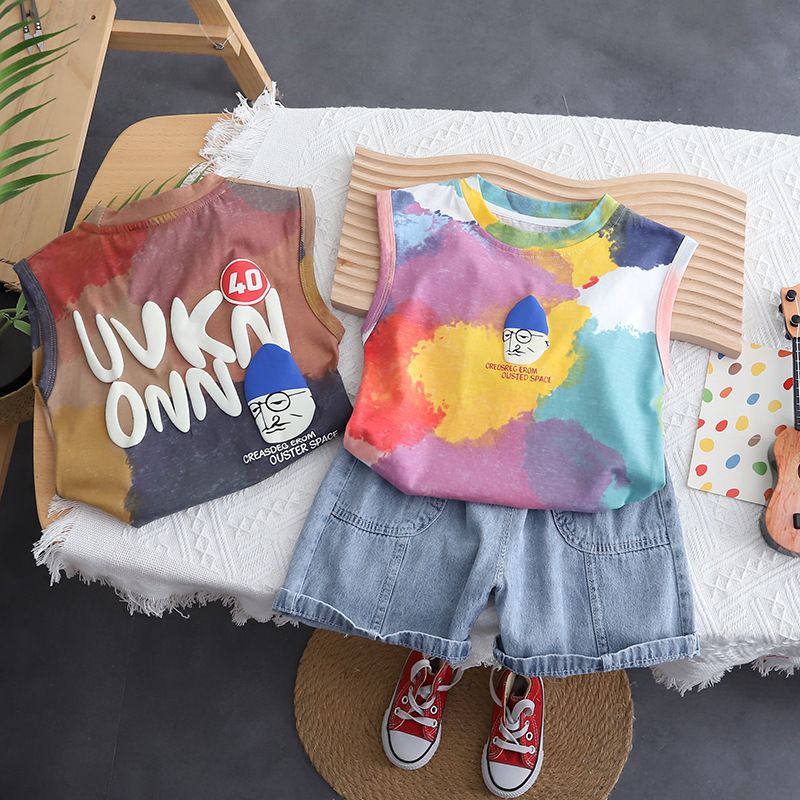 Fashion Children Tie Dye Tank Tshirt Garment Girls Boys Summer Clothes Suit Kids Wear Denim Shorts Toddler Clothing Set