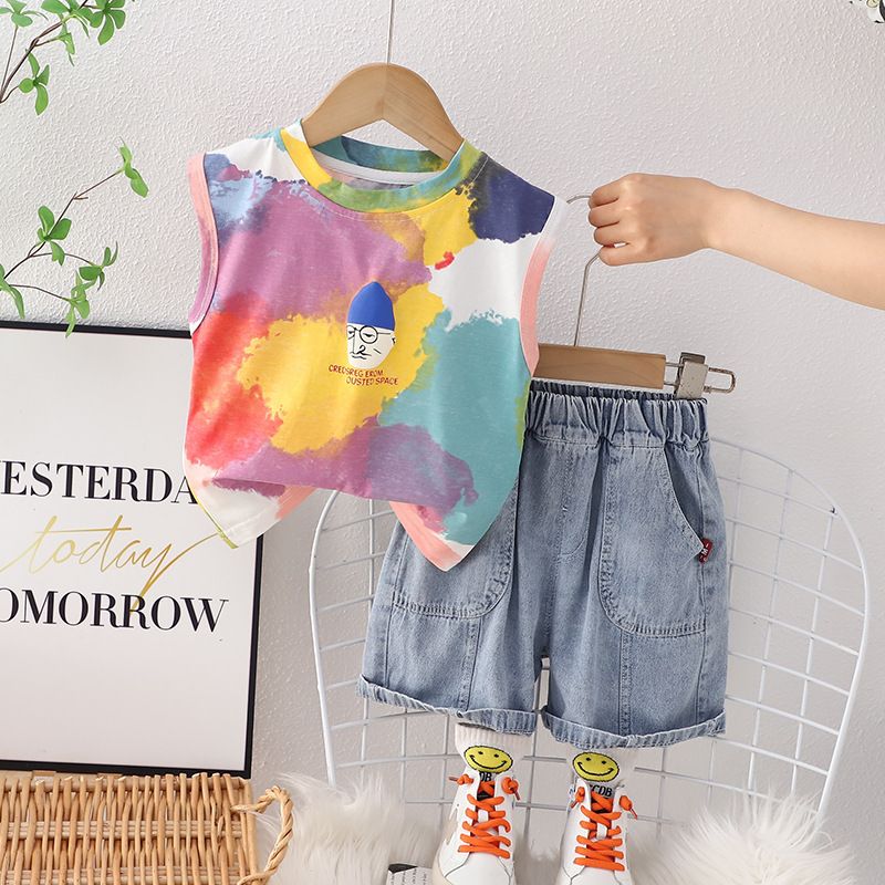 Fashion Children Tie Dye Tank Tshirt Garment Girls Boys Summer Clothes Suit Kids Wear Denim Shorts Toddler Clothing Set