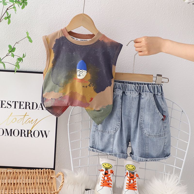 Fashion Children Tie Dye Tank Tshirt Garment Girls Boys Summer Clothes Suit Kids Wear Denim Shorts Toddler Clothing Set