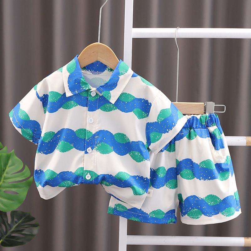 Summer new boys and children's shirt suit wavy pattern short-sleeved suit clothes summer clothes  Sets
