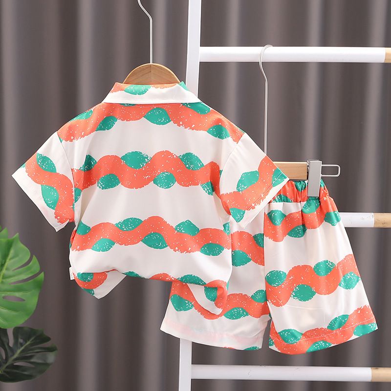Summer new boys and children's shirt suit wavy pattern short-sleeved suit clothes summer clothes  Sets