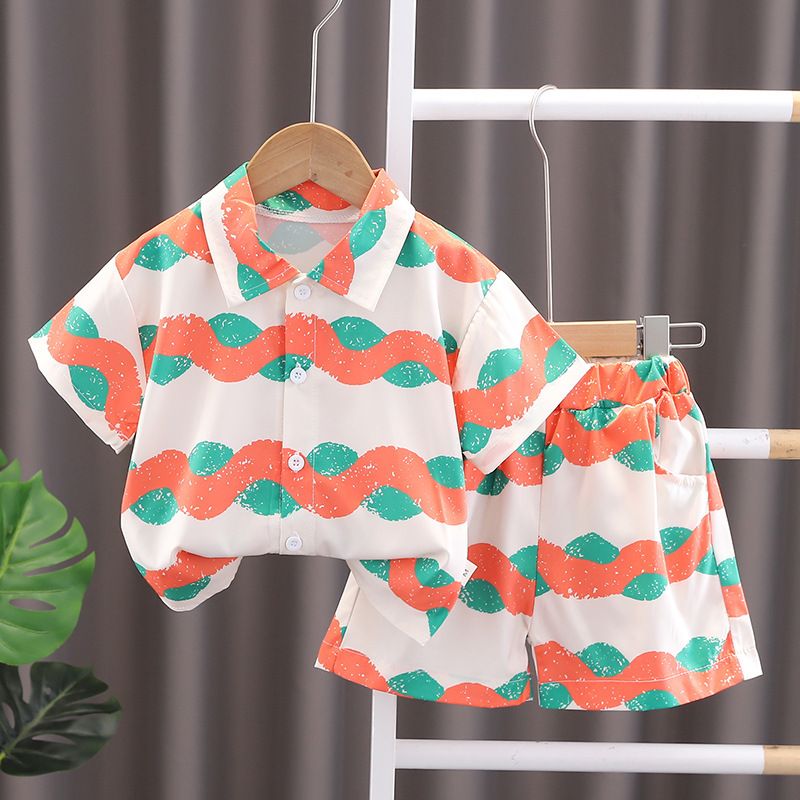 Summer new boys and children's shirt suit wavy pattern short-sleeved suit clothes summer clothes  Sets