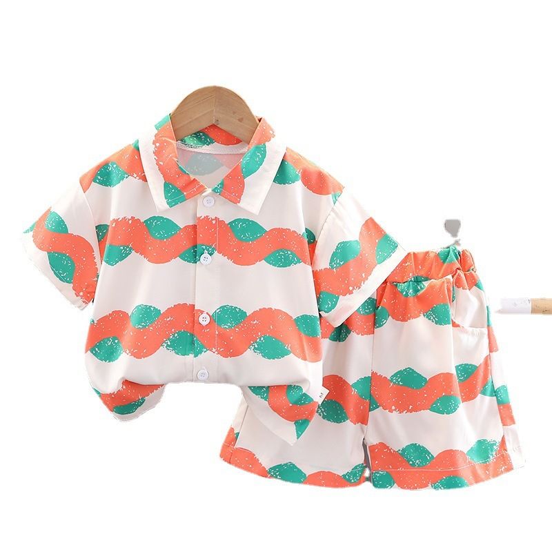 Summer new boys and children's shirt suit wavy pattern short-sleeved suit clothes summer clothes  Sets