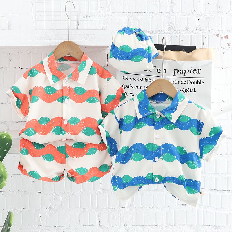 Summer new boys and children's shirt suit wavy pattern short-sleeved suit clothes summer clothes  Sets