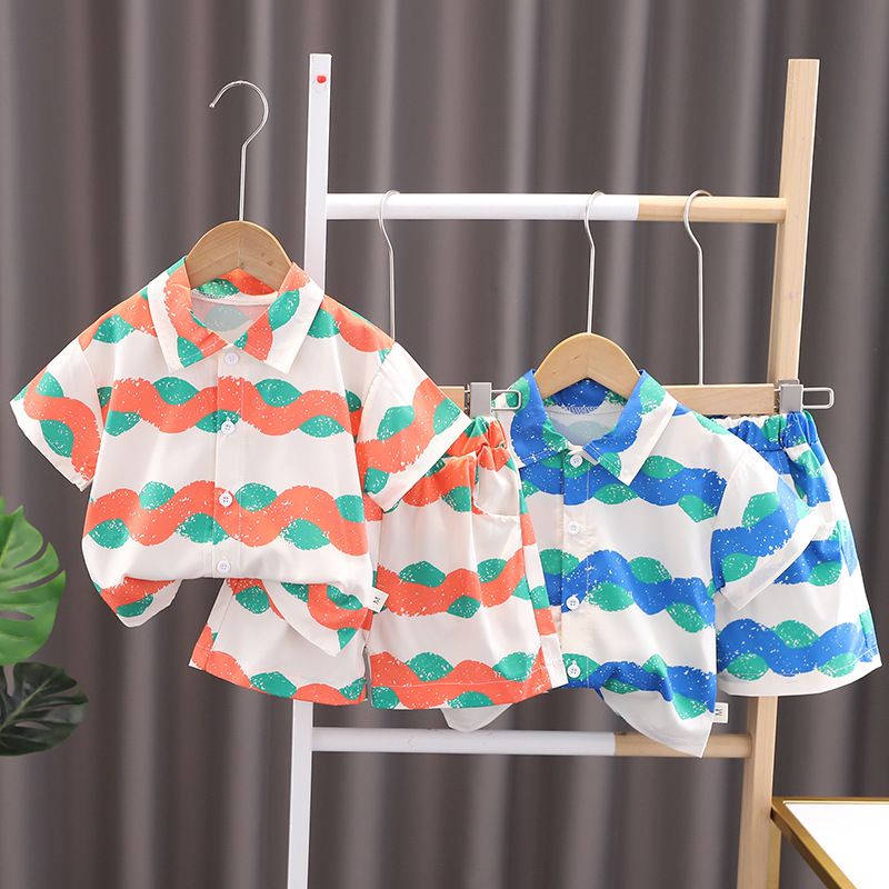 Summer new boys and children's shirt suit wavy pattern short-sleeved suit clothes summer clothes  Sets