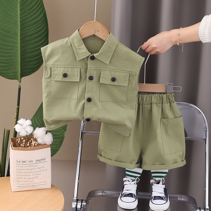 Kids Summer 2 Piece Outfits Solid Color Lapel Single Breasted Vest Pants Handsome Clothing Children Fashion Boy Clothes Sets