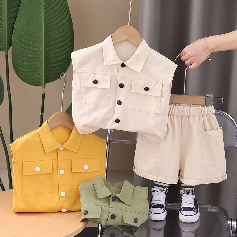 Kids Summer 2 Piece Outfits Solid Color Lapel Single Breasted Vest Pants Handsome Clothing Children Fashion Boy Clothes Sets