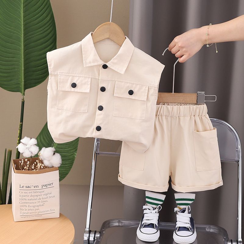 Kids Summer 2 Piece Outfits Solid Color Lapel Single Breasted Vest Pants Handsome Clothing Children Fashion Boy Clothes Sets