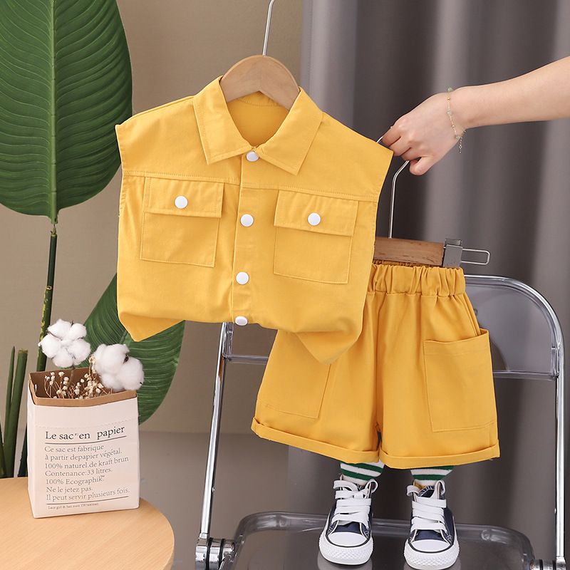 Kids Summer 2 Piece Outfits Solid Color Lapel Single Breasted Vest Pants Handsome Clothing Children Fashion Boy Clothes Sets