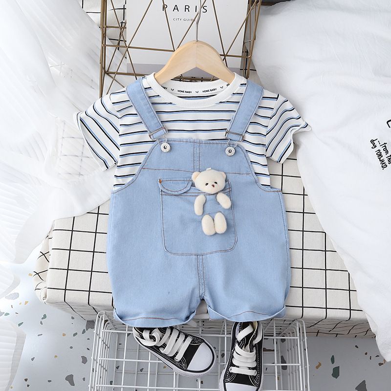 Summer Toddler Clothing Sets for Boys Girls Casual Kids 2pcs/sets Striped Tops Denim Suspender Shorts Sets