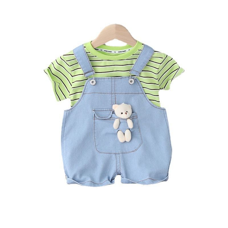 Summer Toddler Clothing Sets for Boys Girls Casual Kids 2pcs/sets Striped Tops Denim Suspender Shorts Sets