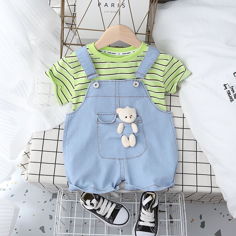 Summer Toddler Clothing Sets for Boys Girls Casual Kids 2pcs/sets Striped Tops Denim Suspender Shorts Sets