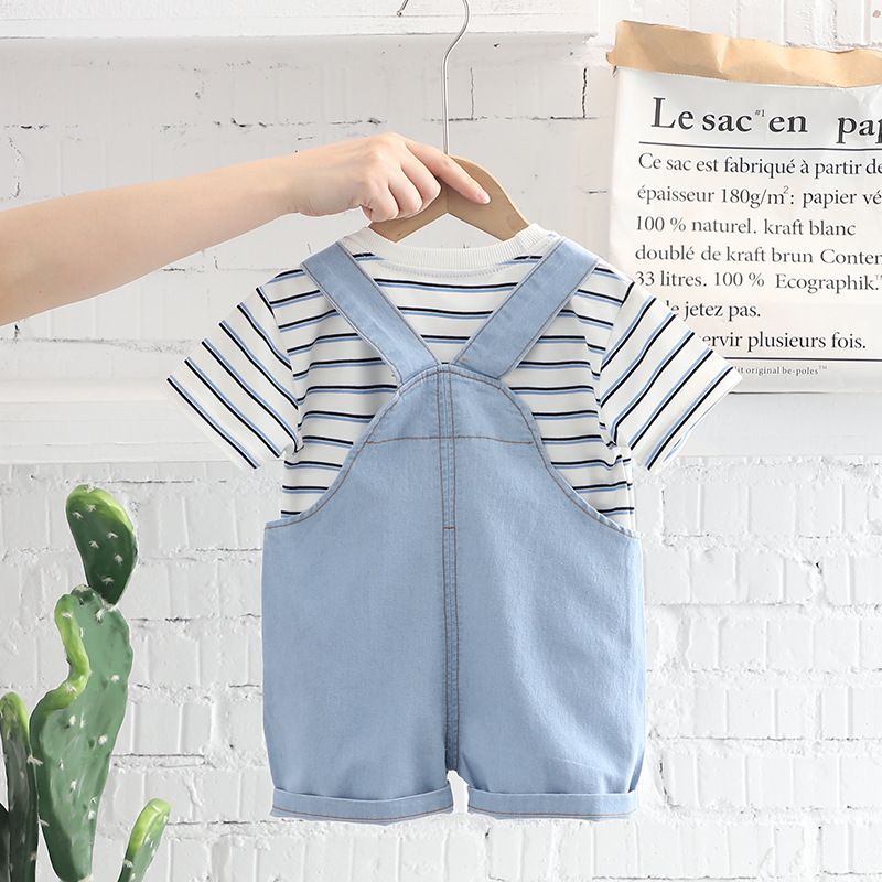 Summer Toddler Clothing Sets for Boys Girls Casual Kids 2pcs/sets Striped Tops Denim Suspender Shorts Sets