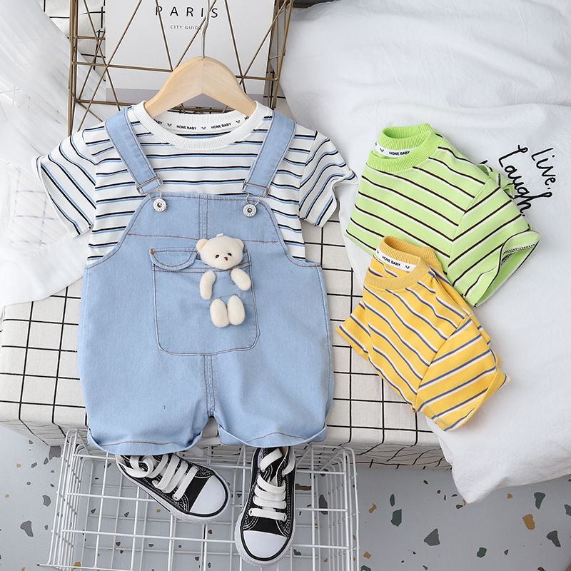 Summer Toddler Clothing Sets for Boys Girls Casual Kids 2pcs/sets Striped Tops Denim Suspender Shorts Sets