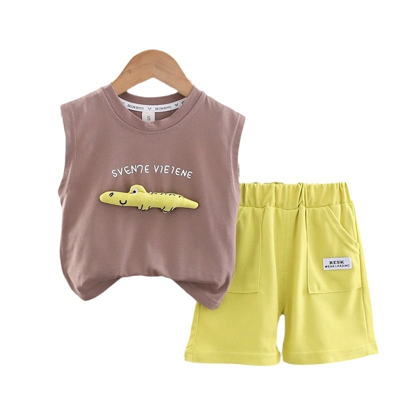 Summer Handsome Baby Boy Clothes Sleeveless Cartoon Dinosaur Letter Vest Shorts Two Piece Tracksuits Kids Suits Sets