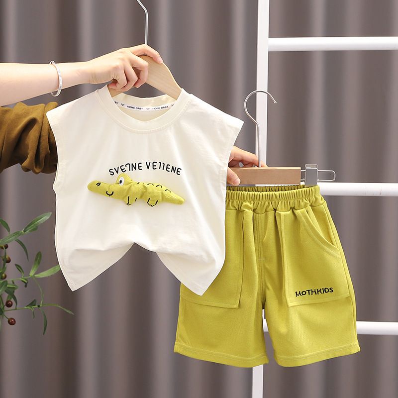 Summer Handsome Baby Boy Clothes Sleeveless Cartoon Dinosaur Letter Vest Shorts Two Piece Tracksuits Kids Suits Sets