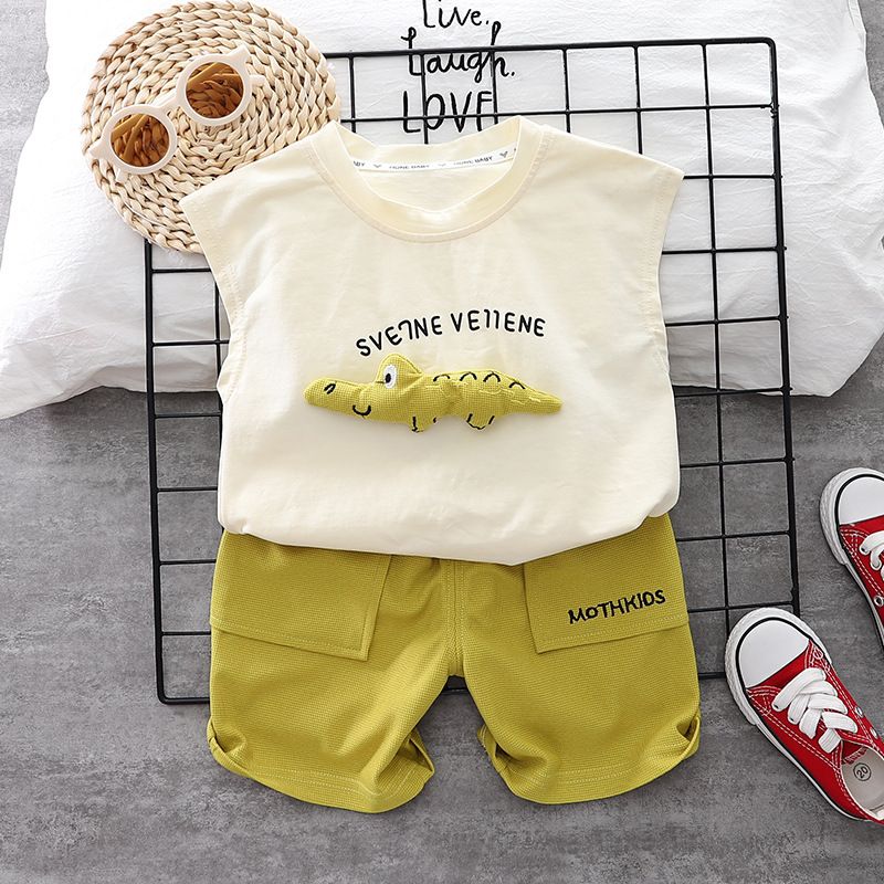 Summer Handsome Baby Boy Clothes Sleeveless Cartoon Dinosaur Letter Vest Shorts Two Piece Tracksuits Kids Suits Sets