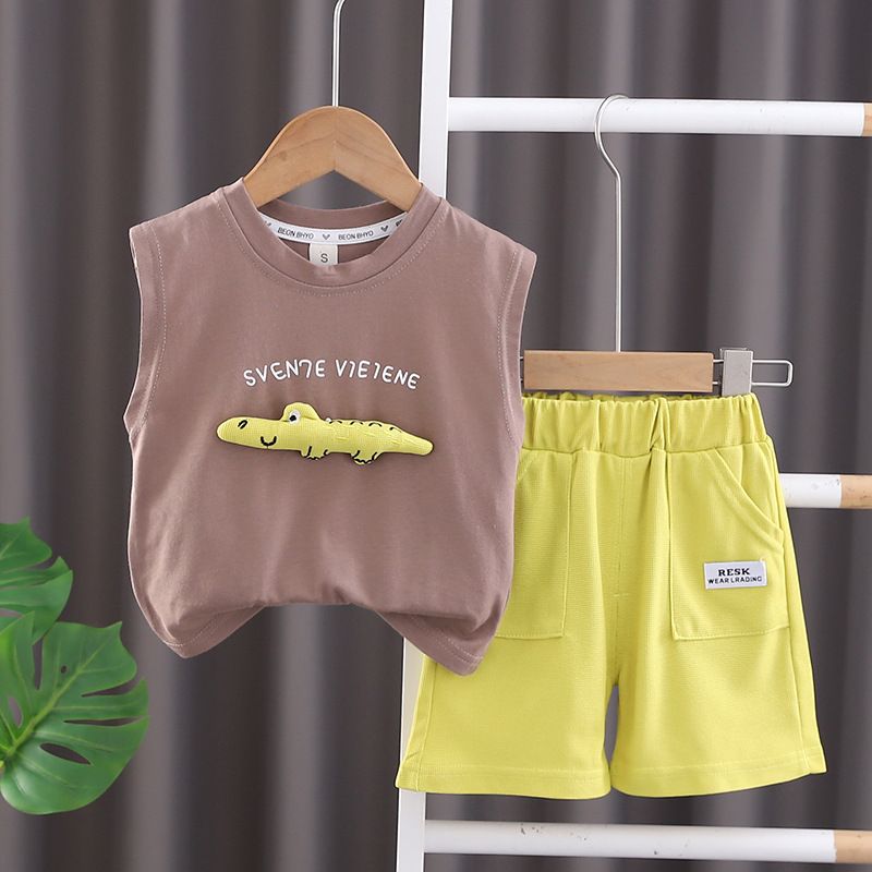 Summer Handsome Baby Boy Clothes Sleeveless Cartoon Dinosaur Letter Vest Shorts Two Piece Tracksuits Kids Suits Sets