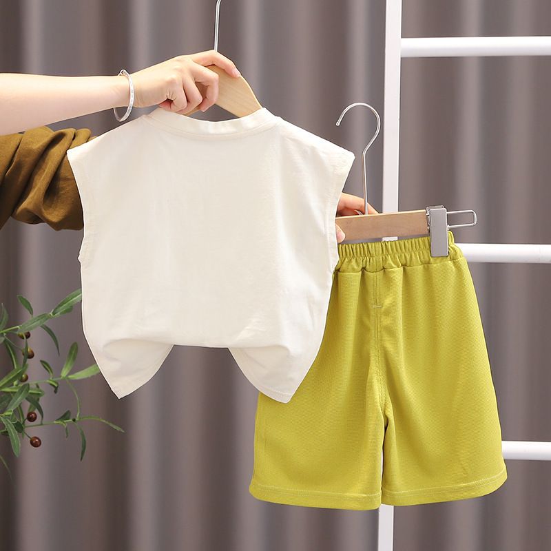 Summer Handsome Baby Boy Clothes Sleeveless Cartoon Dinosaur Letter Vest Shorts Two Piece Tracksuits Kids Suits Sets