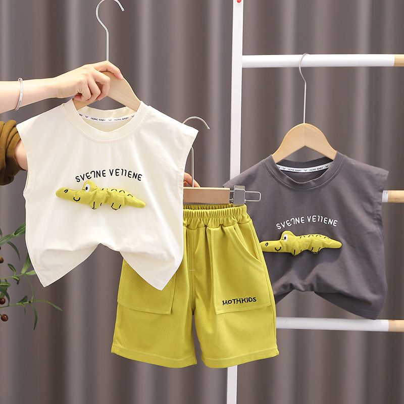 Summer Handsome Baby Boy Clothes Sleeveless Cartoon Dinosaur Letter Vest Shorts Two Piece Tracksuits Kids Suits Sets
