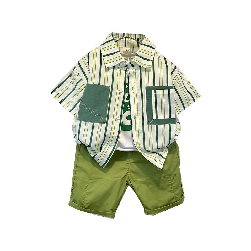 Summer fashion baby clothes wholesale new style casual stripe shirt set big packet handsome blouse for 1-3 Y boy set