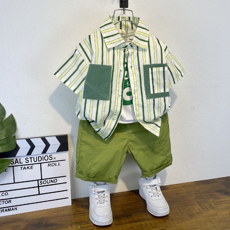 Summer fashion baby clothes wholesale new style casual stripe shirt set big packet handsome blouse for 1-3 Y boy set