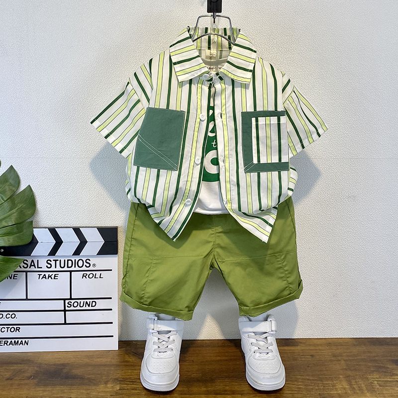 Summer fashion baby clothes wholesale new style casual stripe shirt set big packet handsome blouse for 1-3 Y boy set