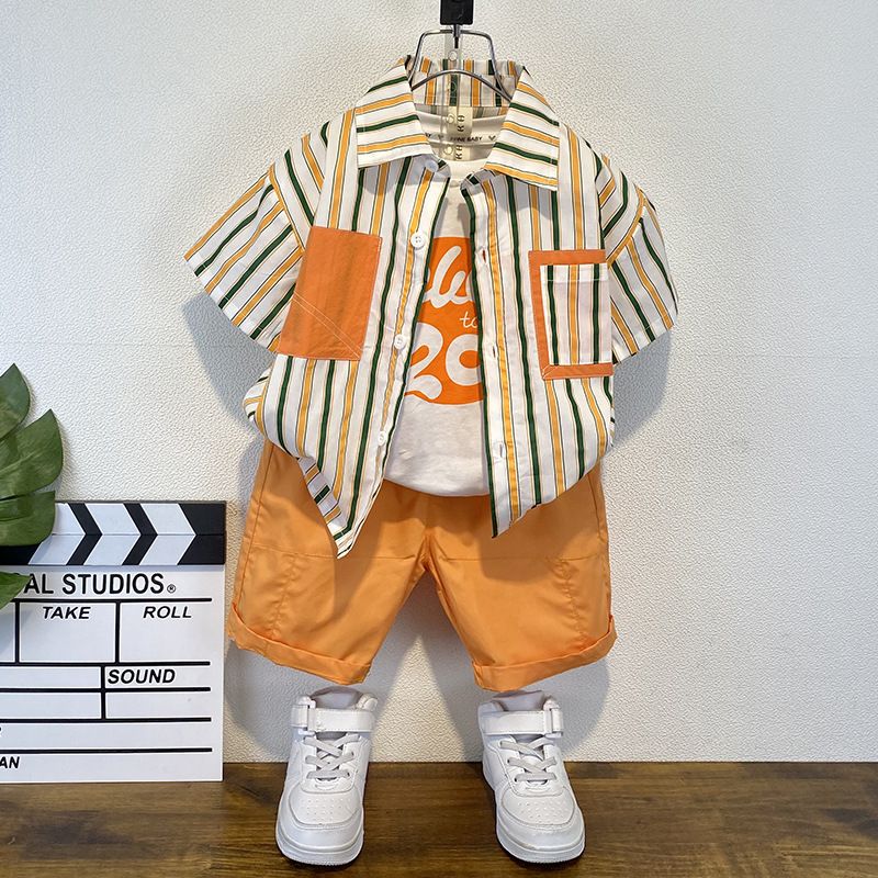 Summer fashion baby clothes wholesale new style casual stripe shirt set big packet handsome blouse for 1-3 Y boy set