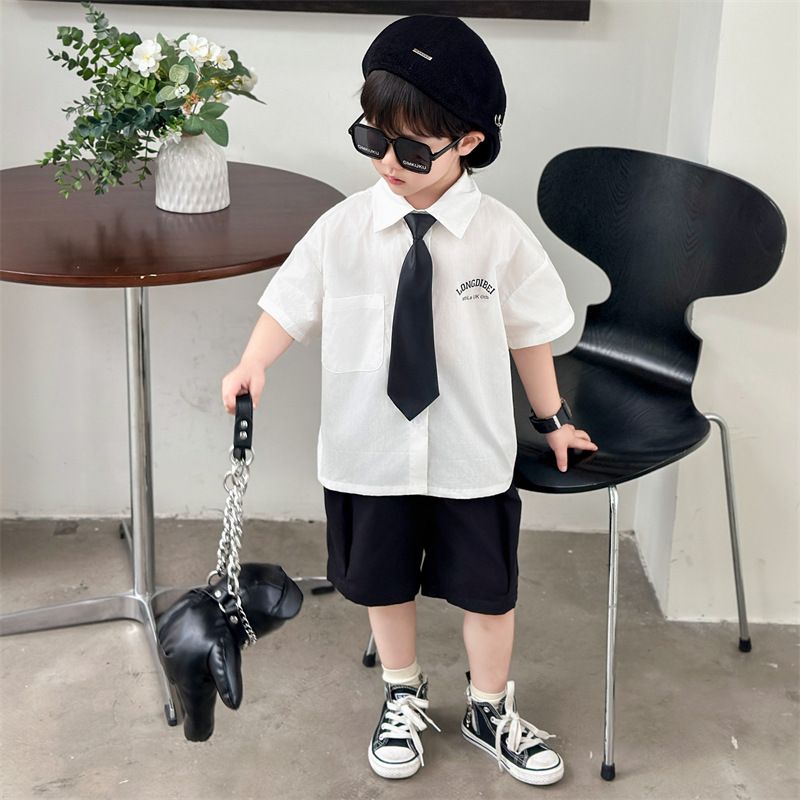 Summer boys' tie shirt + pant suit preppy two-piece set Boys and Girls clothes children suit Sets