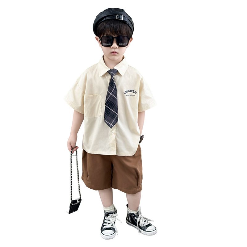 Summer boys' tie shirt + pant suit preppy two-piece set Boys and Girls clothes children suit Sets