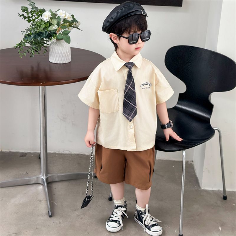 Summer boys' tie shirt + pant suit preppy two-piece set Boys and Girls clothes children suit Sets