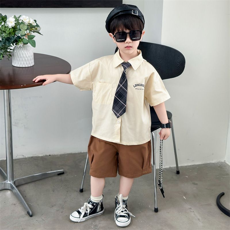 Summer boys' tie shirt + pant suit preppy two-piece set Boys and Girls clothes children suit Sets