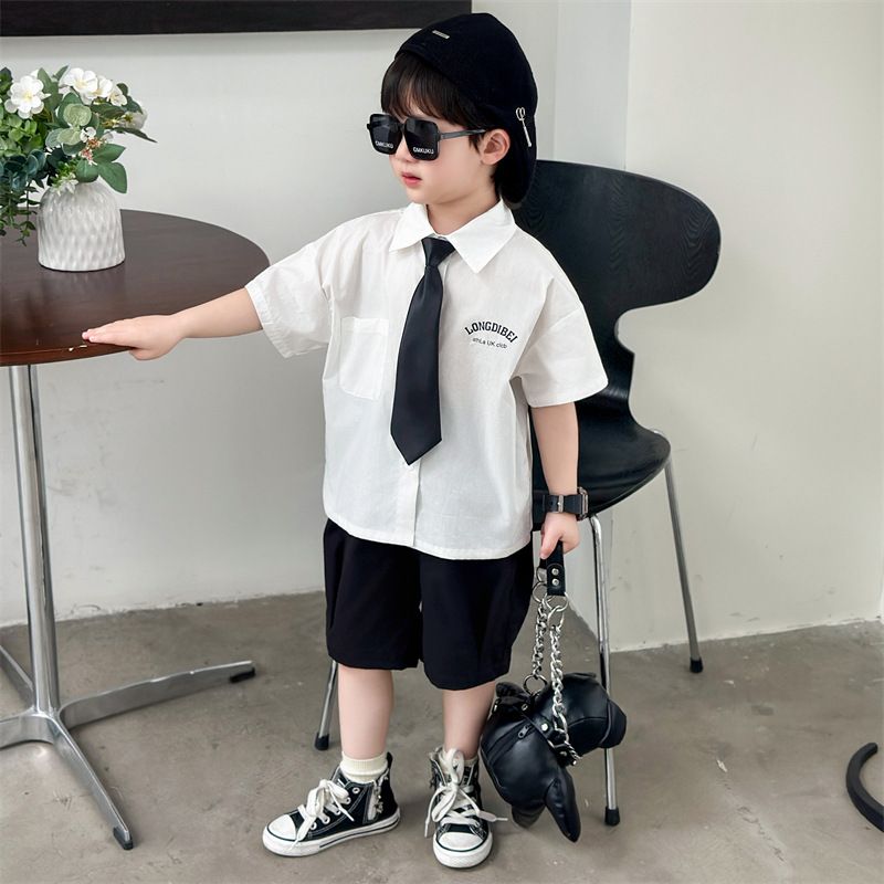 Summer boys' tie shirt + pant suit preppy two-piece set Boys and Girls clothes children suit Sets