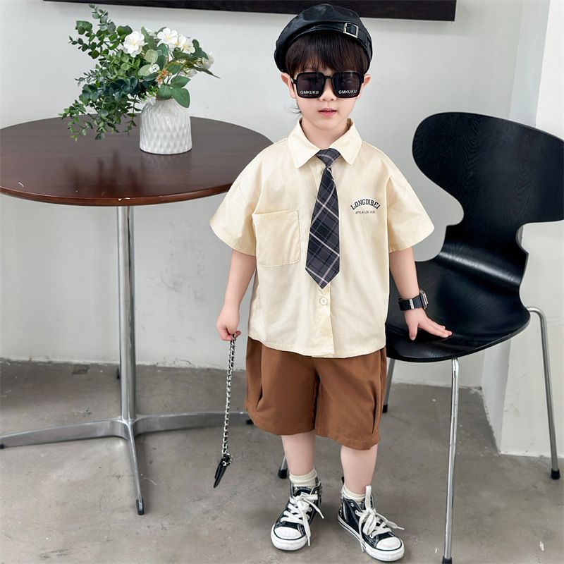 Summer boys' tie shirt + pant suit preppy two-piece set Boys and Girls clothes children suit Sets